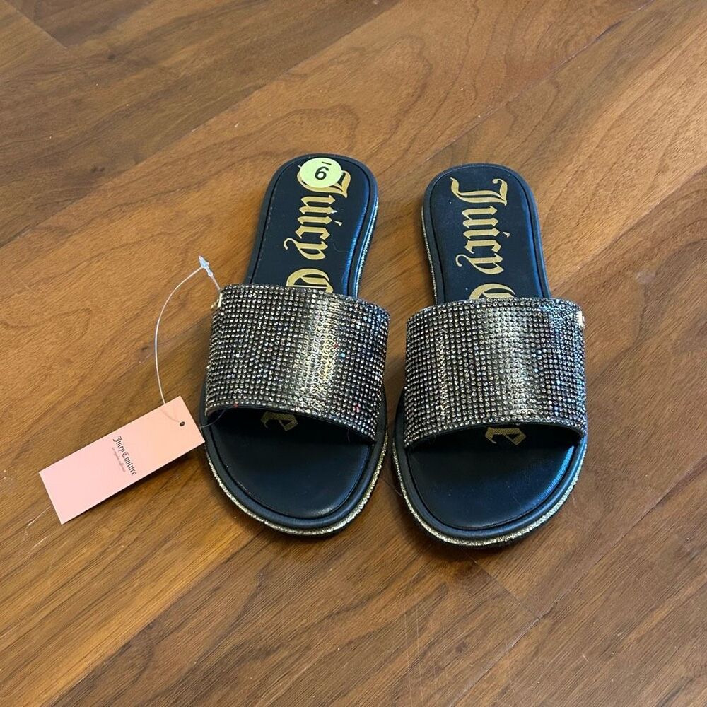 Juicy Couture women's Yummy Black/Gold‎ slide sandals US size 9M NWT with flaws